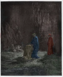 Purgatorio, Canto 7: De dichter Sordello, verbaasd, knielt voor Vergilius, illustratie uit De Goddelijke Komedie van Dante Alighieri, 1885 (digitaal ingekleurde gravure)